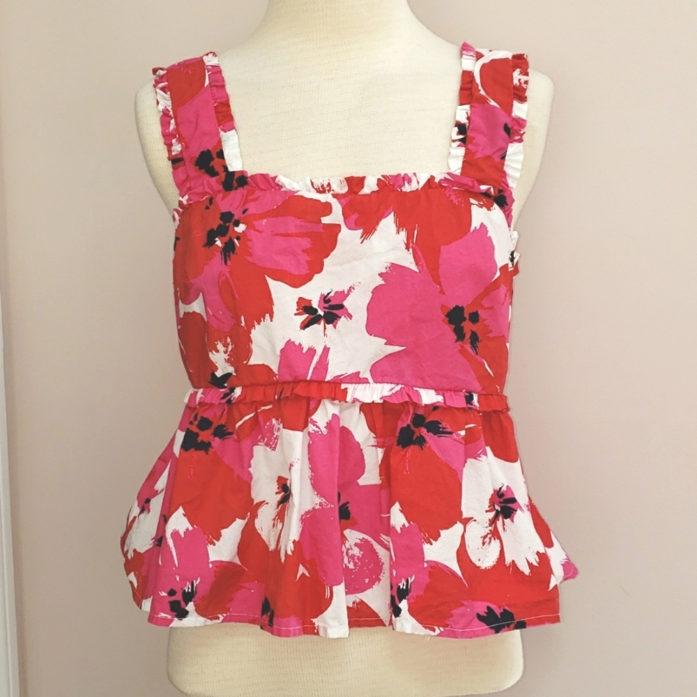 Mi Ami Pink, Red, and White Floral Tie Back Ruffle Tank Top, Size Large